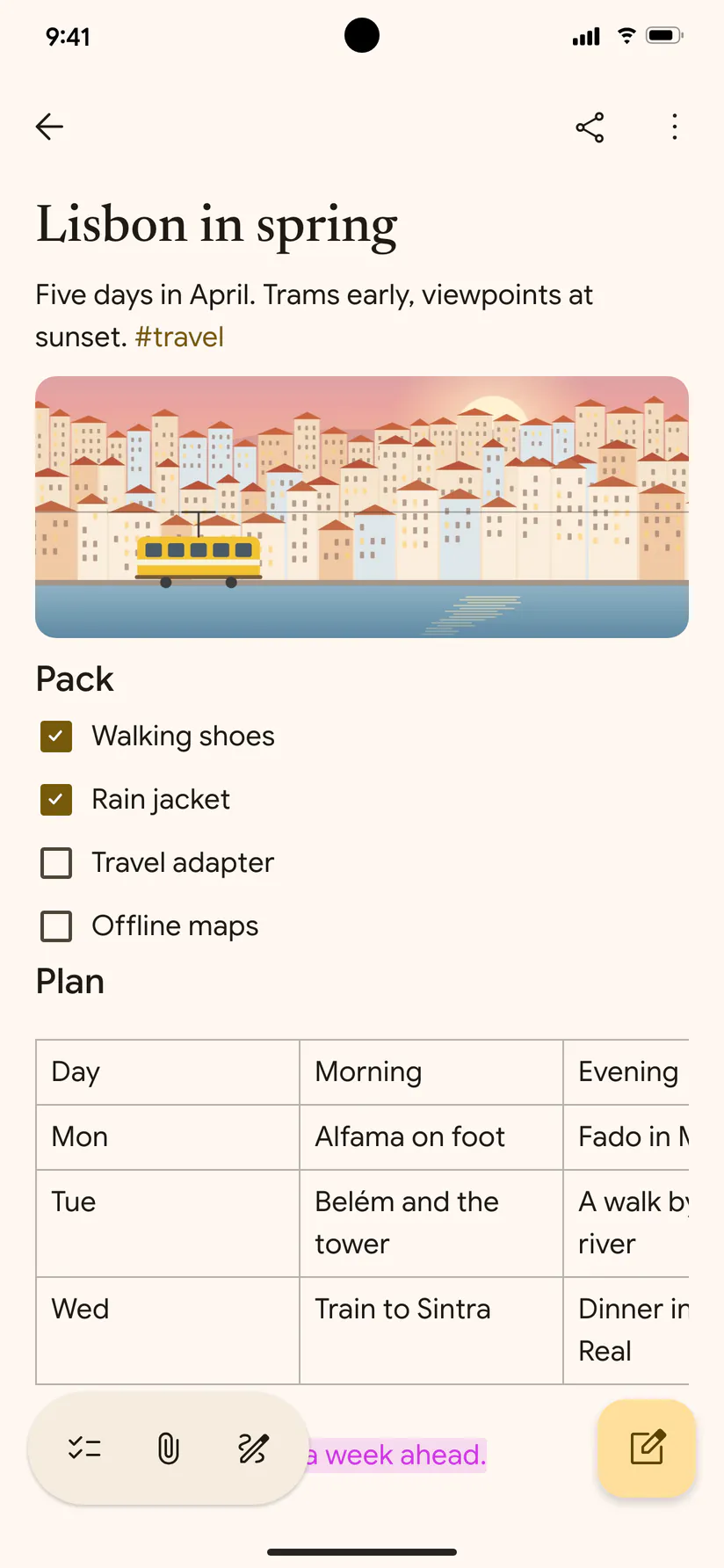 The Lisbon in spring note on Android, with square Material checkboxes, a rounded picture and the floating toolbar.