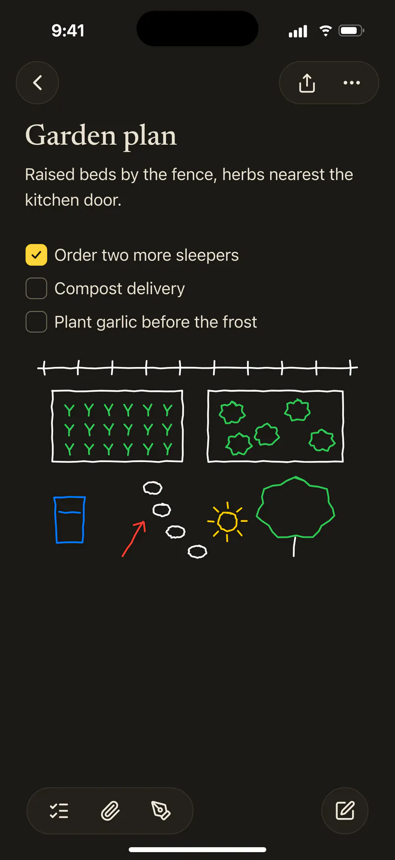 A garden plan on iPhone, sketched with a finger.