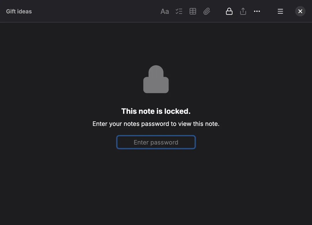 A locked note called Gift ideas: a lock, the words This note is locked, and a password field.
