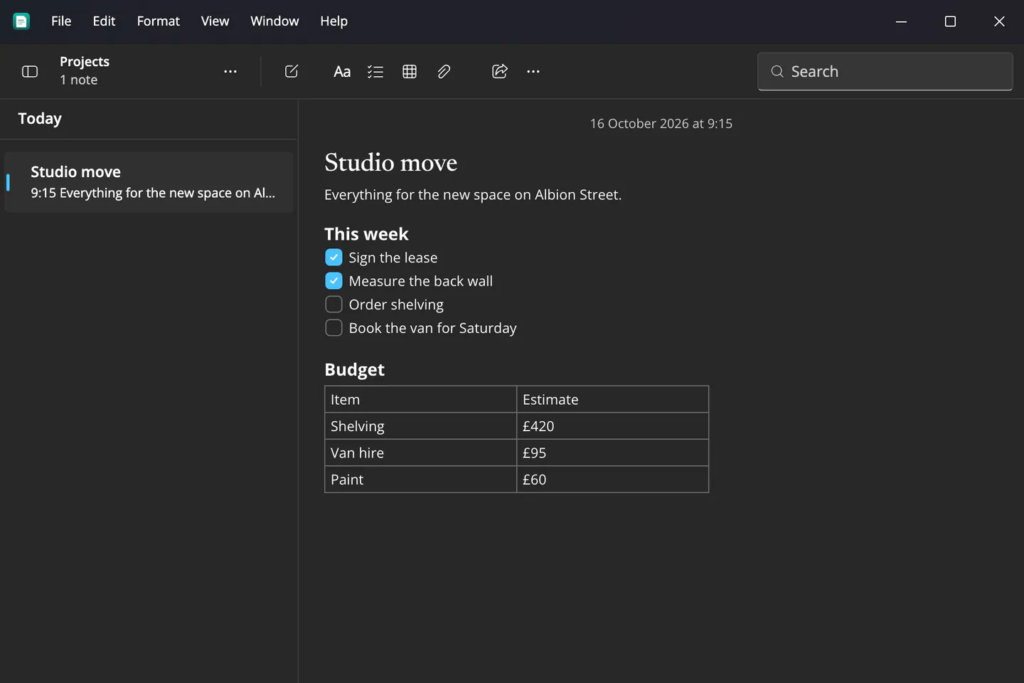 A note called Studio move on Windows, with a checklist of four items, two ticked, and a budget table.
