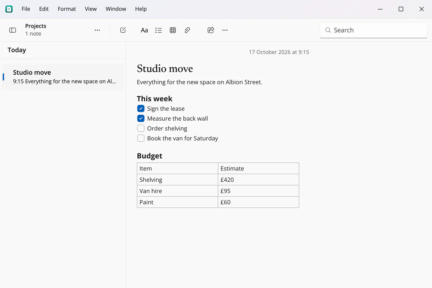 A note called Studio move on Windows, with a checklist of four items, two ticked, and a budget table.