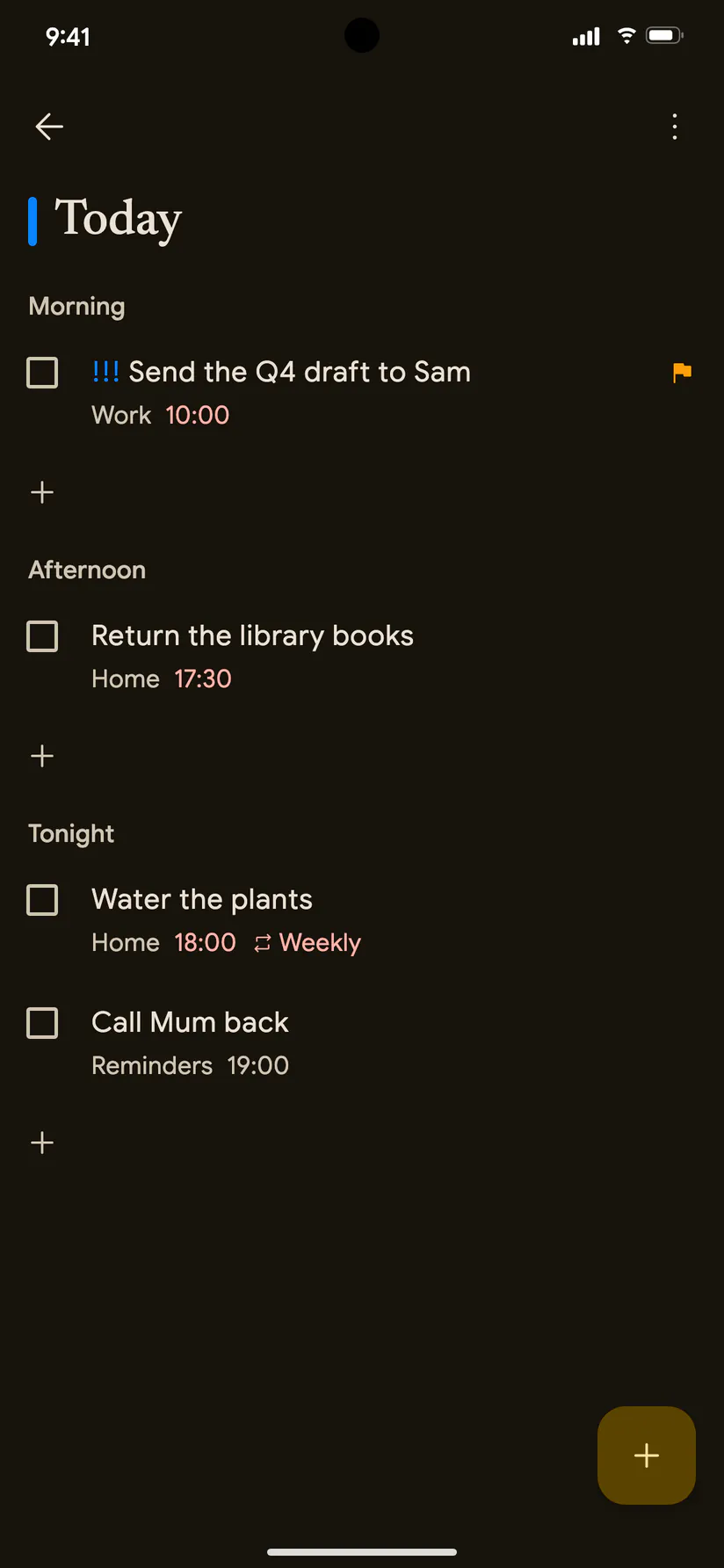 Today's reminders on Android, grouped into morning, afternoon and tonight.