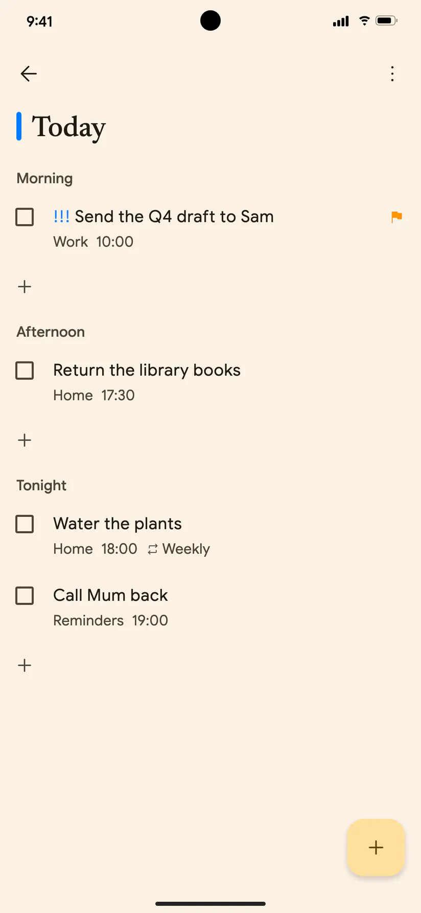 The Today list on Android, grouped into morning, afternoon and tonight, with square checkboxes.