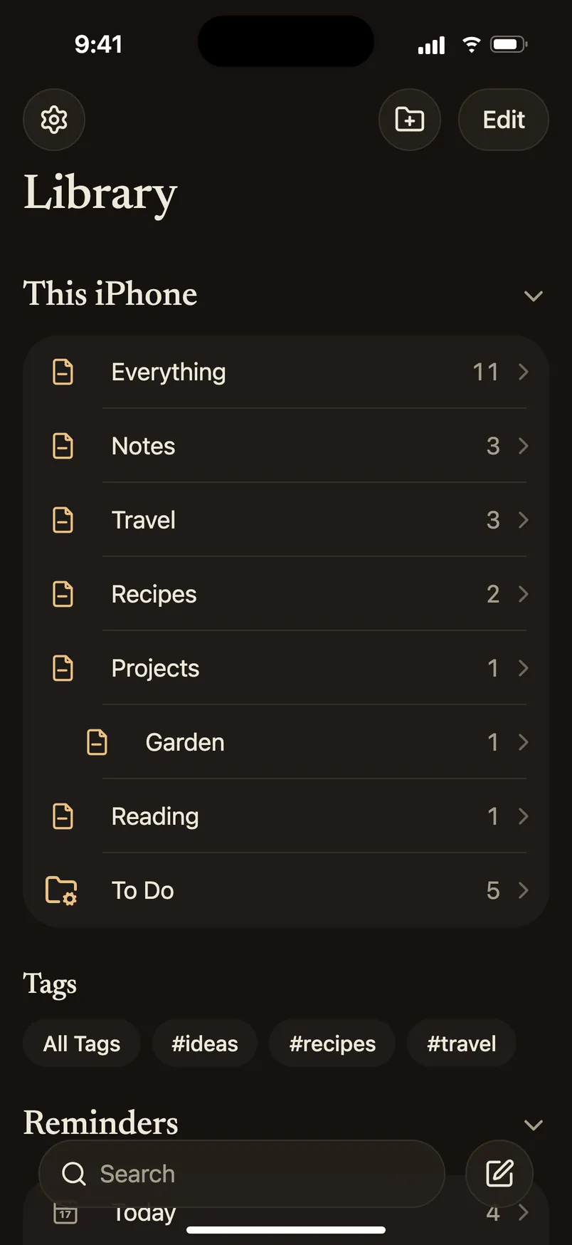 Notelet on iPhone in dark mode: the Folders screen with the folders On My iPhone, tags, reminder tiles and the search bar at the bottom.